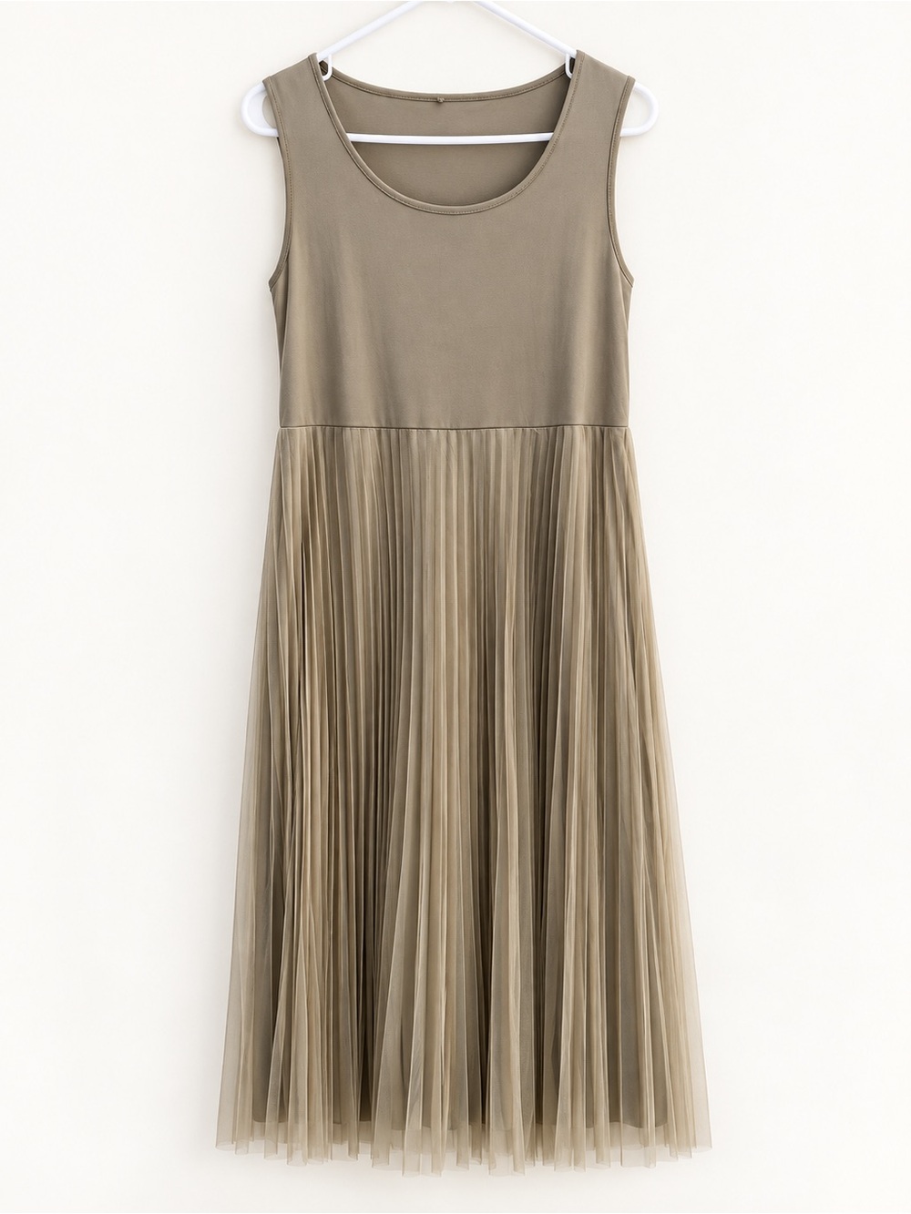 Taupe Sleeveless Pleated Tulle Midi Dress | One Size / TU